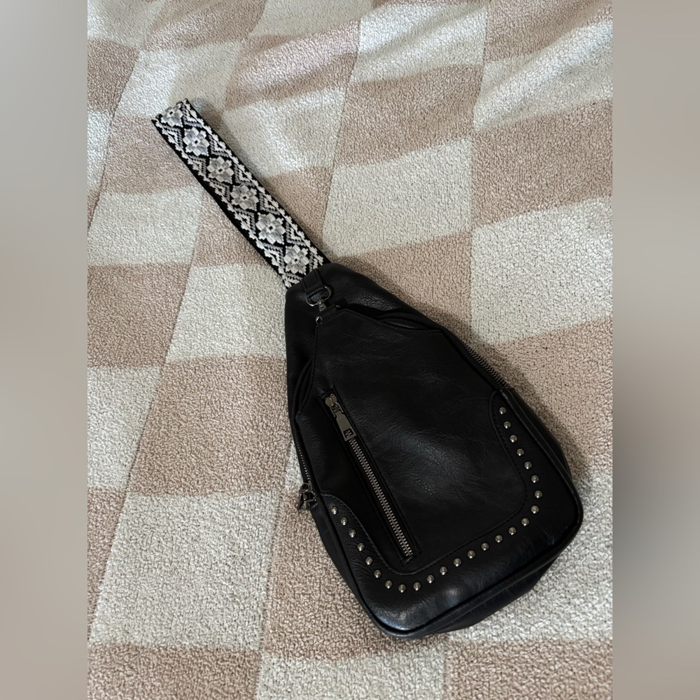 Black Studded Crossbody Sling Bag with Patterned Strap